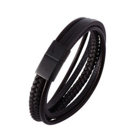 Men's genuine leather bracelet with multiple black links, magnetic steel clasp