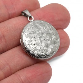 Pendentif Femme Médaillon Rond Fleur en Acier – Porte Photo Romantique avec Chaîne