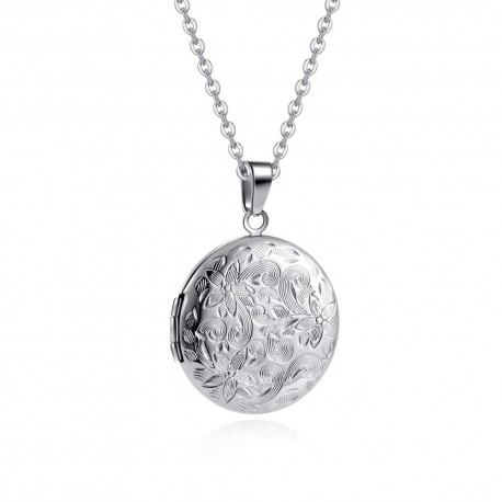 Pendentif Femme Médaillon Rond Fleur en Acier – Porte-Photo Romantique avec Chaîne