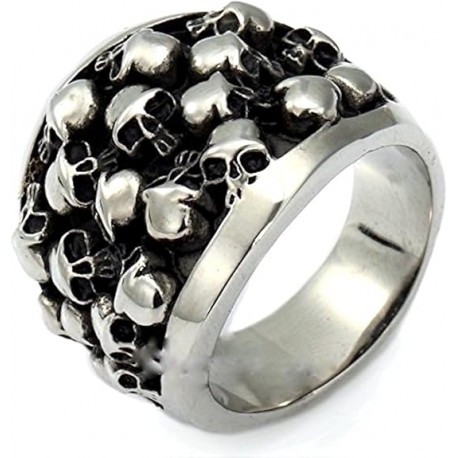 Bague chevalière homme acier multi crânes de tête de mort
