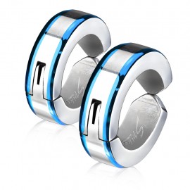 Fausses paire boucles d'oreilles homme ado acier bordures bleues