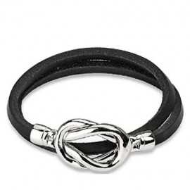 Women's bracelet double links black leather clasp two steel knots 20cm