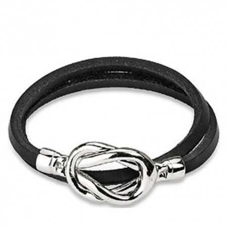 Bracciale da donna doppie maglie chiusura in pelle nera due nodi in acciaio 20 cm