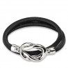 Bracelet femme double liens cuir noir fermoir deux noeuds acier 20cm