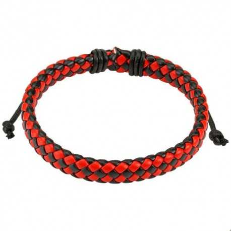 Bracelet réglable homme cuir couleur rouge et noir foot rugby 19cm