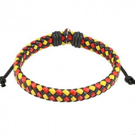 ADJUSTABLE BRACELET FOR MEN'S TEEN BRAIDED LEATHER BELGIUM FLAG COLOR RED YELLOW BLACK NEW 0178
