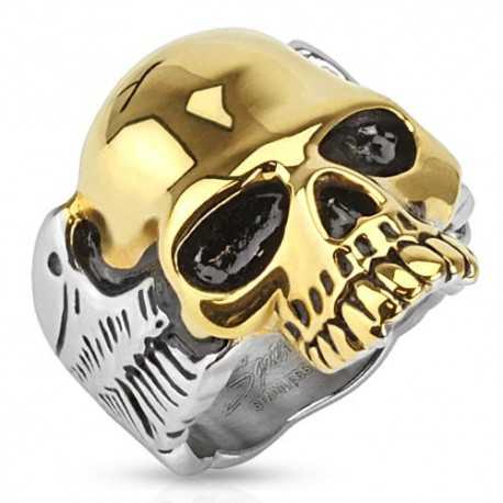 Men's steel signet ring and gold-colored biker skull
