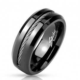 Ring for men in black lacquered effect steel and cable notch